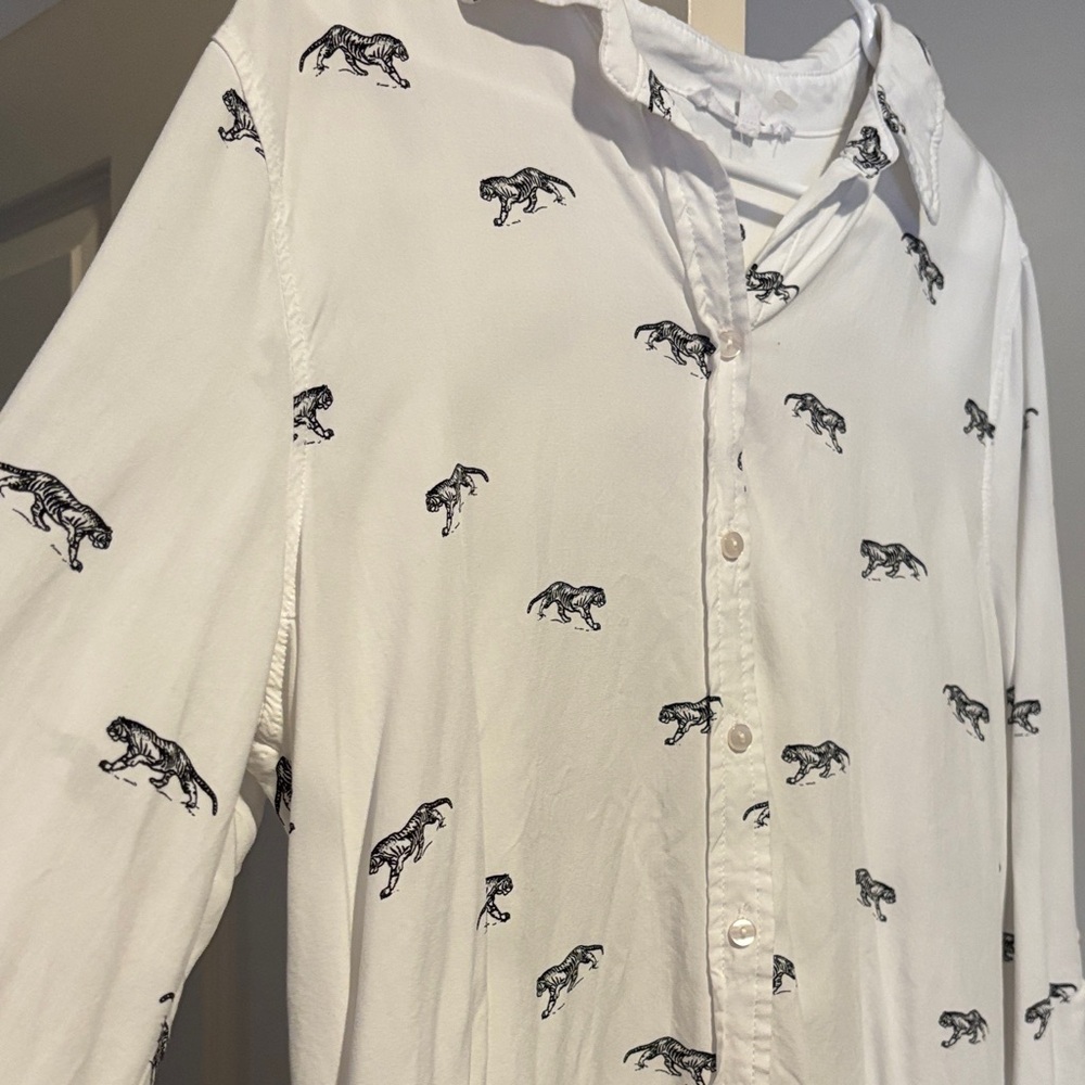 White button down animal print top for layering white and black